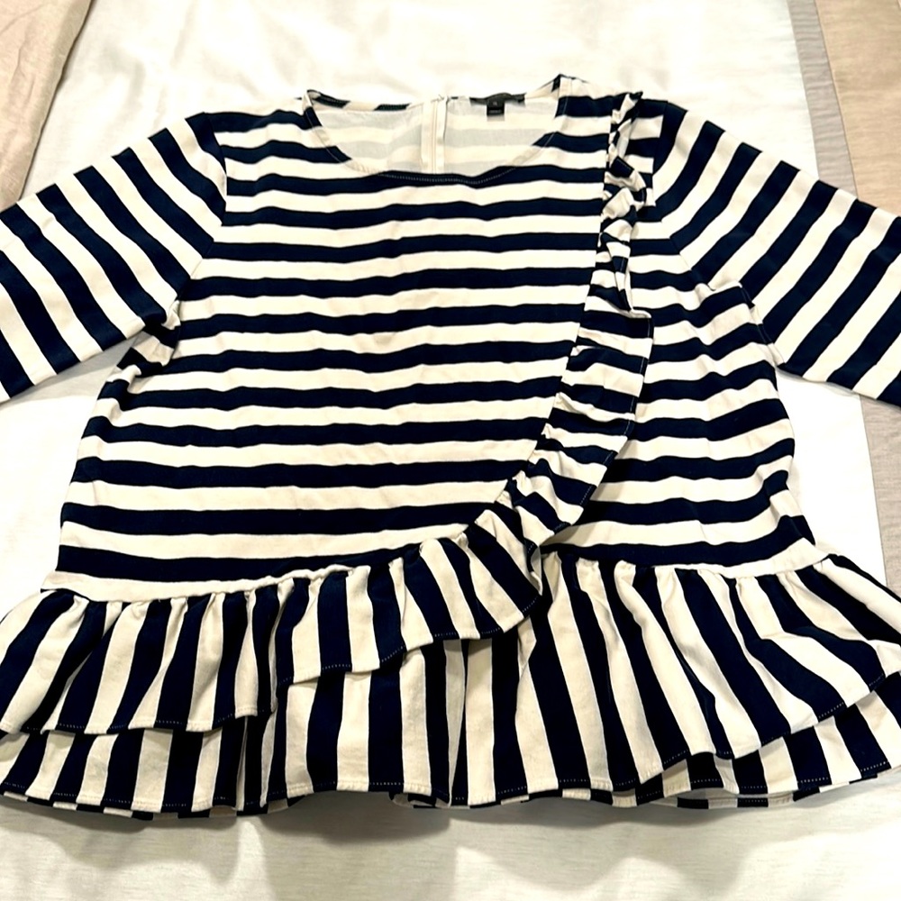 J Crew, extra large, navy and cream striped ruffle top